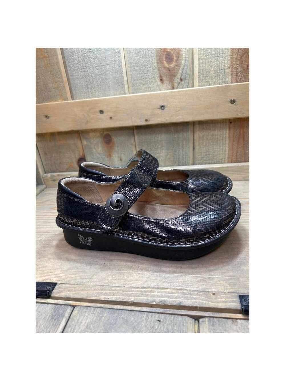Alegria by PG Lite PAL-532 Mary Jane US7.5 Black Silver Metallic Shoe EU37